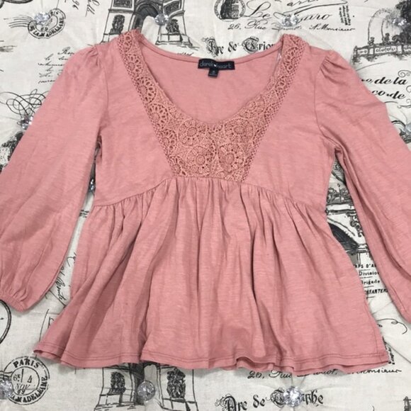 Derek Heart  Knit Lace Trim Long Sleeve Peasant Top - Picture 3 of 7